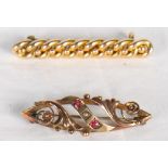 A gold rope twist bar brooch and a gold brooch set rubies and seed pearl, 5.8g gross