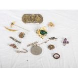 Two gold bar brooches, a gilt metal stick pin, a WWII defence medal and a selection of costume