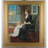 A Victorian chromolithograph, woman with child praying, in gilt frame, a Great Central Railway route