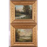 A pair of Victorian oil on card, river landscapes with fishermen, one initialled G B, and a number