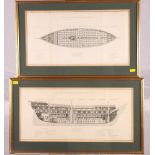 A set of four late 18th Century French engravings, cross sections of a 74-gun ship of the line, in