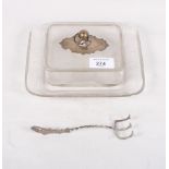A cut glass and engraved sardine dish with continental silver handle
