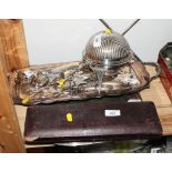 A silver plated breakfast warmer, two silver plated trays, a pair of plated fish servers, in