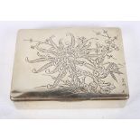 A Japanese rosewood lined white metal box decorated chrysanthemums and prunus blossom, signed