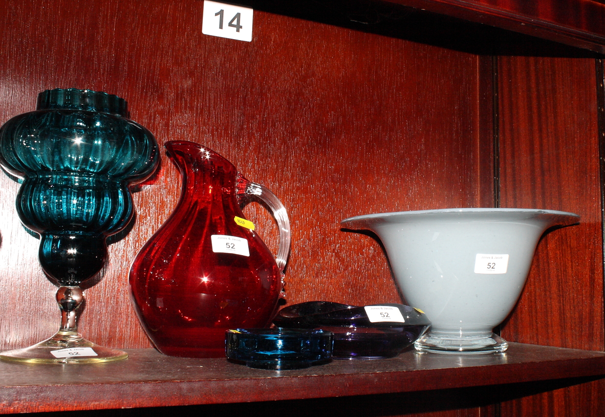 A modern grey and white glass bowl, a ruby glass jug and three other modern coloured glass items