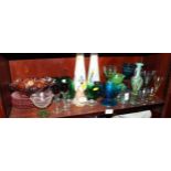 A collection of assorted coloured drinking glasses and vases, etc