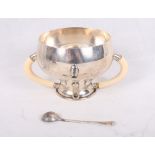 An Arts & Crafts style silver four-handled pedestal bowl, 6.6oz troy approx (two ivory handles