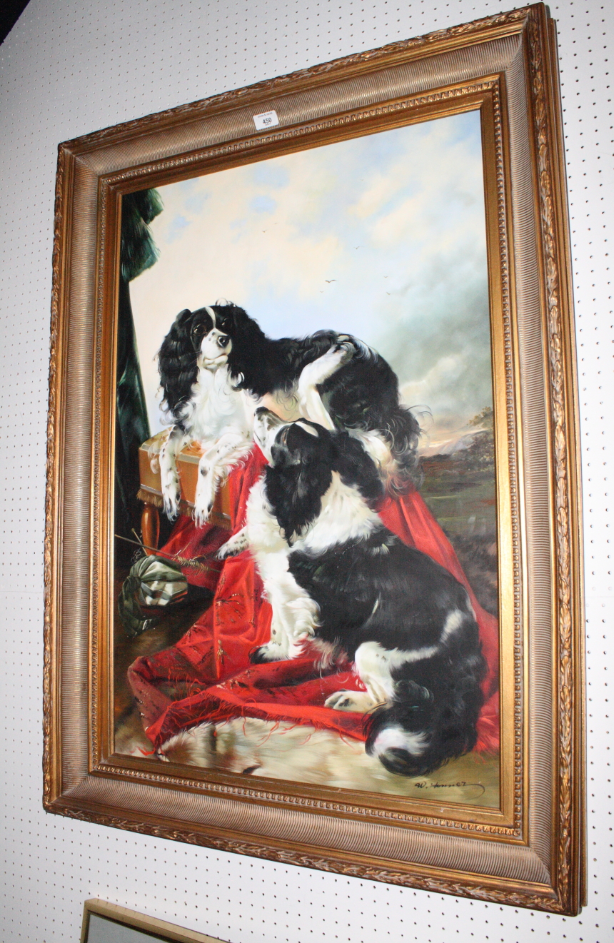An oil on canvas, two King Charles spaniels, 36" x 24", in gilt frame