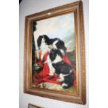 An oil on canvas, two King Charles spaniels, 36" x 24", in gilt frame