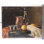 W Sibbins: oil painting, still life with decanter, jug and lemon on a table, 16" x 20", unframed