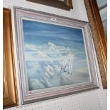 John Page: oil painting, jumbo jet in flight, 15" x 20", in silvered frame