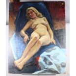 An oil on board, study of a reclining nude with a study of a man in shorts verso, 45" x 36"