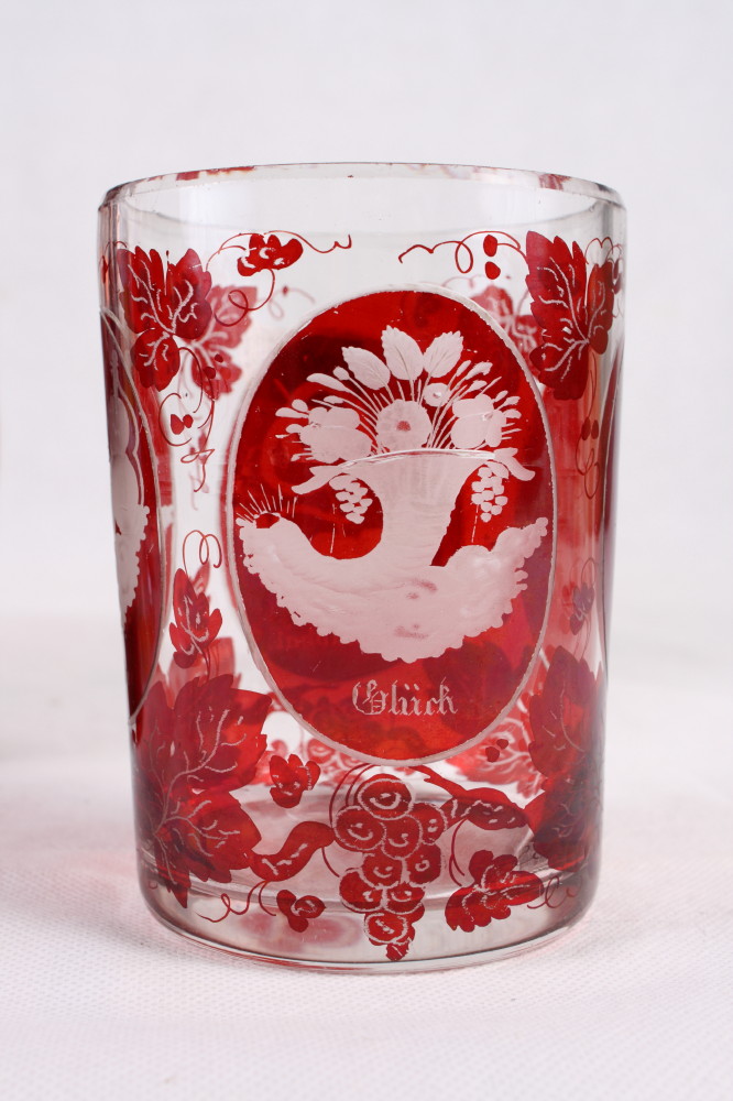 Two 19th Century Austrian flashed and engraved beakers, one with enamel decoration, a similar beaker - Image 2 of 3