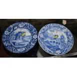 An early 19th Century blue and white plate, "Bridge of Locarno Italy", 9" wide, and a similar plate,