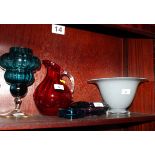 A modern grey and white glass bowl, a ruby glass jug, three other modern coloured glass items,