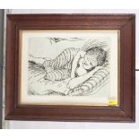 K F Msangi: an etching, reclining girl, in oak strip frame