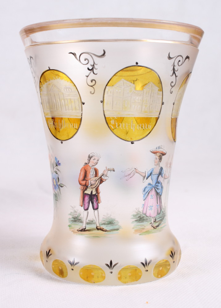 Two 19th Century Austrian flashed and engraved beakers, one with enamel decoration, a similar beaker - Image 3 of 3