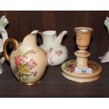 A Royal Worcester ivory blush candlestick decorated flowers, 4 1/2" high, and two similar jugs