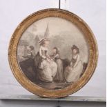 A pair of 19th Century coloured stipple engravings of ladies, 12" dia, in gilt frames