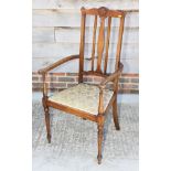 An Edwardian inlaid mahogany open armchair, seat panel upholstered in a gold brocade