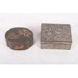 A Japanese mixed metal hinged box and cover decorated birds, another hinged box and cover