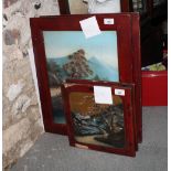 Two pairs of early 20th Century Japanese painted and lacquer framed landscape panels, larger pair