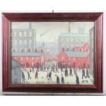 Lowry: oil on board, industrial street scene with figures, 12" x 16"