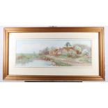 After Heywood: a colour print, landscape with cottages and stream, in strip frame