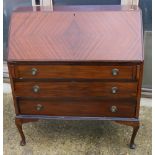 A 1950s mahogany fall front bureau, on cabriole supports, 36" wide