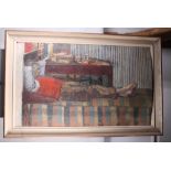 Jean Grose: oil on board, portrait of a man lying on a bed, 25" x 43"