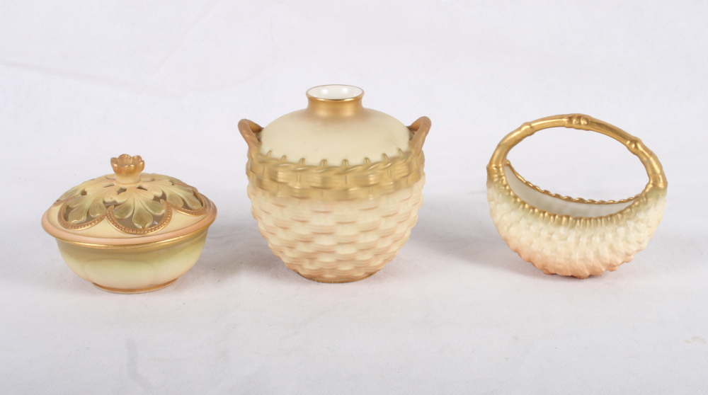 A Royal Worcester ivory two-handled vase, sides moulded osier pattern, a similarly decorated