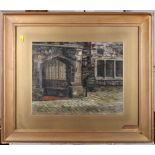 An oil on canvas, view of the old wash house at Charterhouse School, 11" x 13", in gilt frame,