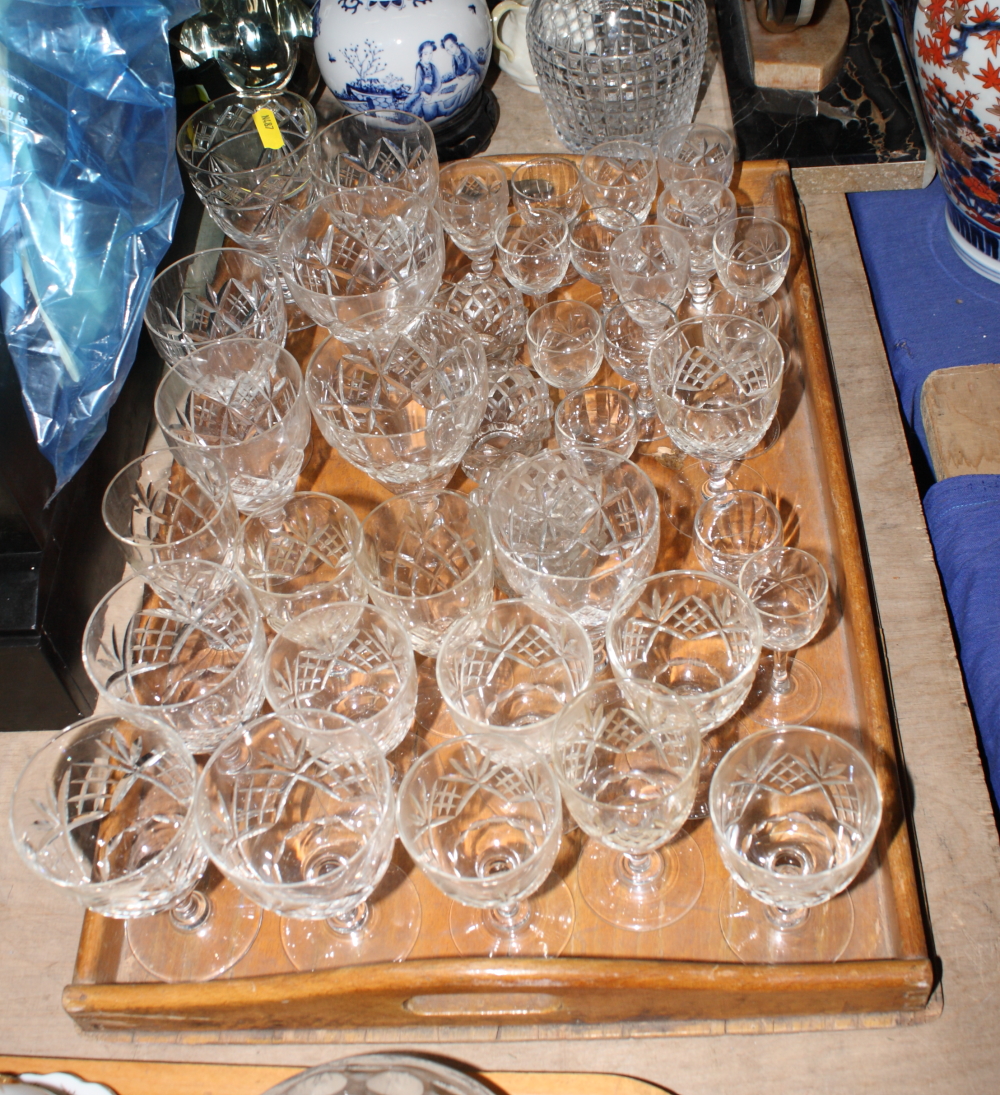 A collection of assorted drinking glasses including a part set of Richardson table glasses