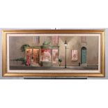 Deborah Jones: oil on board, "Applegates Cakes", label verso, 11" x 29", in gilt frame