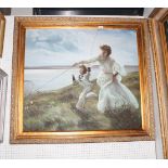 An oil on canvas, Edwardian children with fishing nets, 31" x 35", in gilt frame