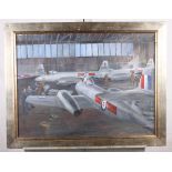 Andrews: oil painting, Gloucester Meteors in hangar, 17" x 24", in gilt frame