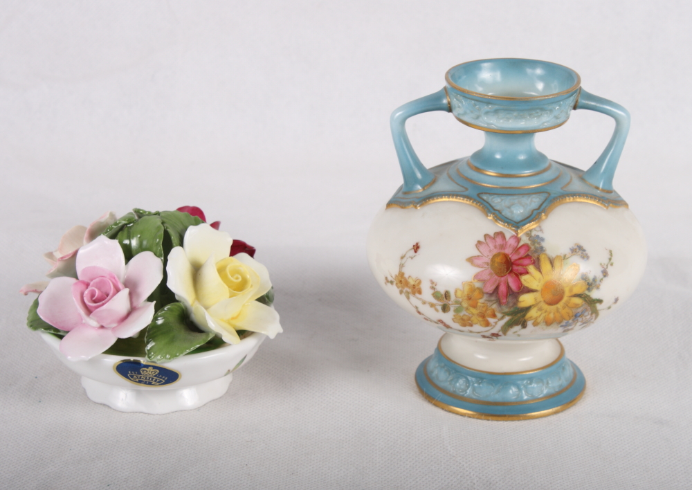 A Royal Worcester floral decorated two-handled vase, two "Derby Posies" trinket dishes and seven