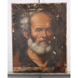 An oil painting, portrait of a man with white hair and beard, 18 1/2" x 14 1/2", unframed (damage to