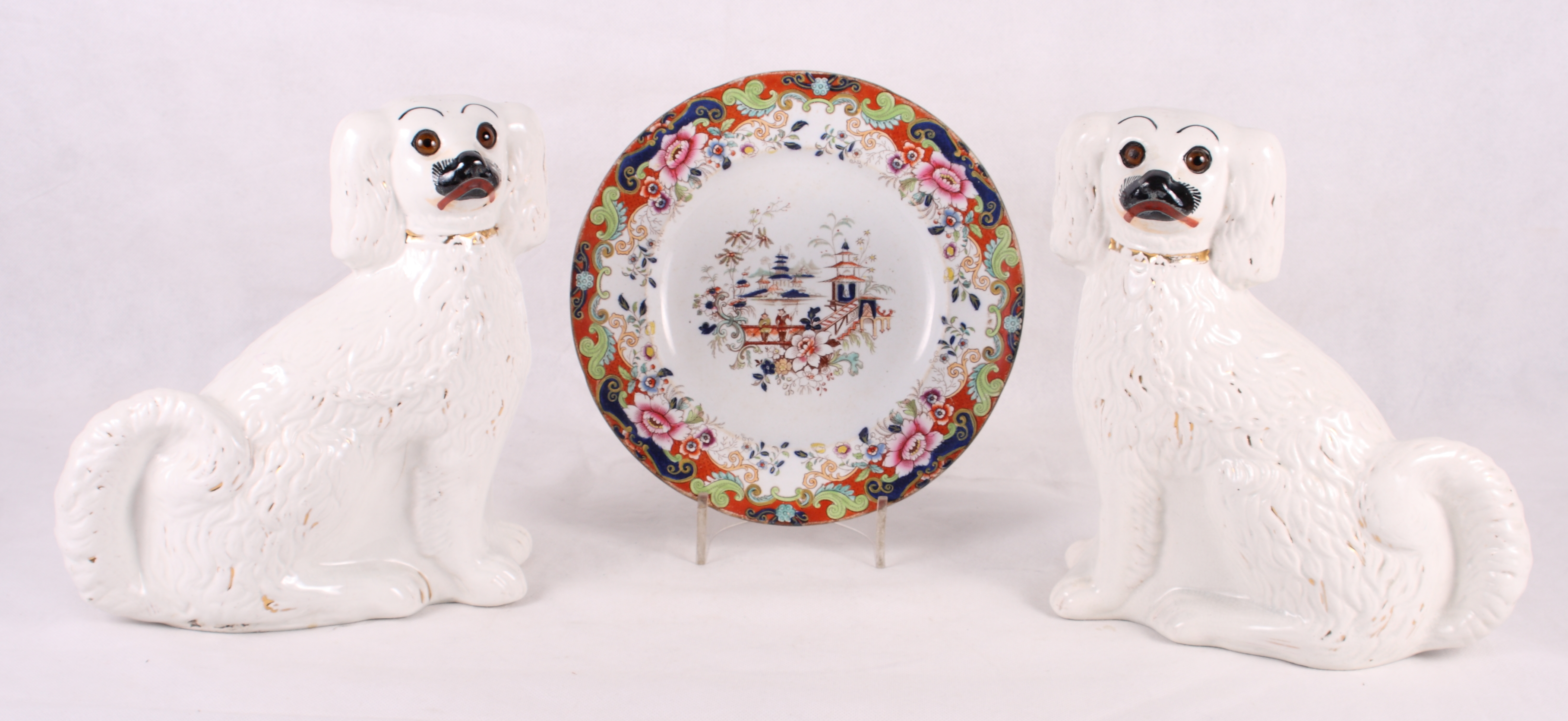 A pair of 19th Century Staffordshire dogs with glass eyes, 10" high, and a "Japo" Imari pattern