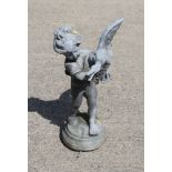 A lead garden fountain formed as a cherub holding a goose, 24" high (supplied by Crowther's of