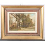 Tom Coates: oil on canvas, sketch of woodlands, 10" x 7", in deep gilt frame