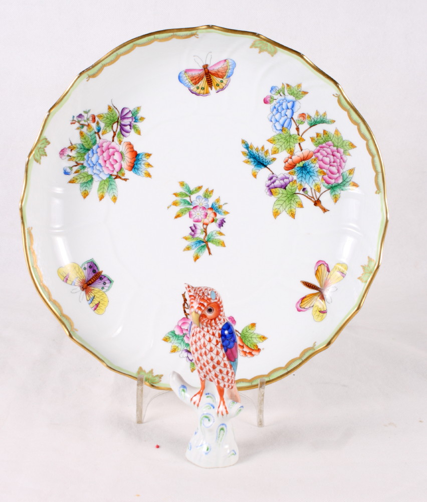 A Herend floral decorated dish, 11" dia, and a Herend porcelain owl, 5 1/4" high