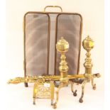 A pair of brass andirons, a pair of brass ember tongs and a matching poker, a folding three lap