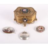 A continental gilt metal dressing table box mounted micro mosaic and pietra dura, 4" wide,