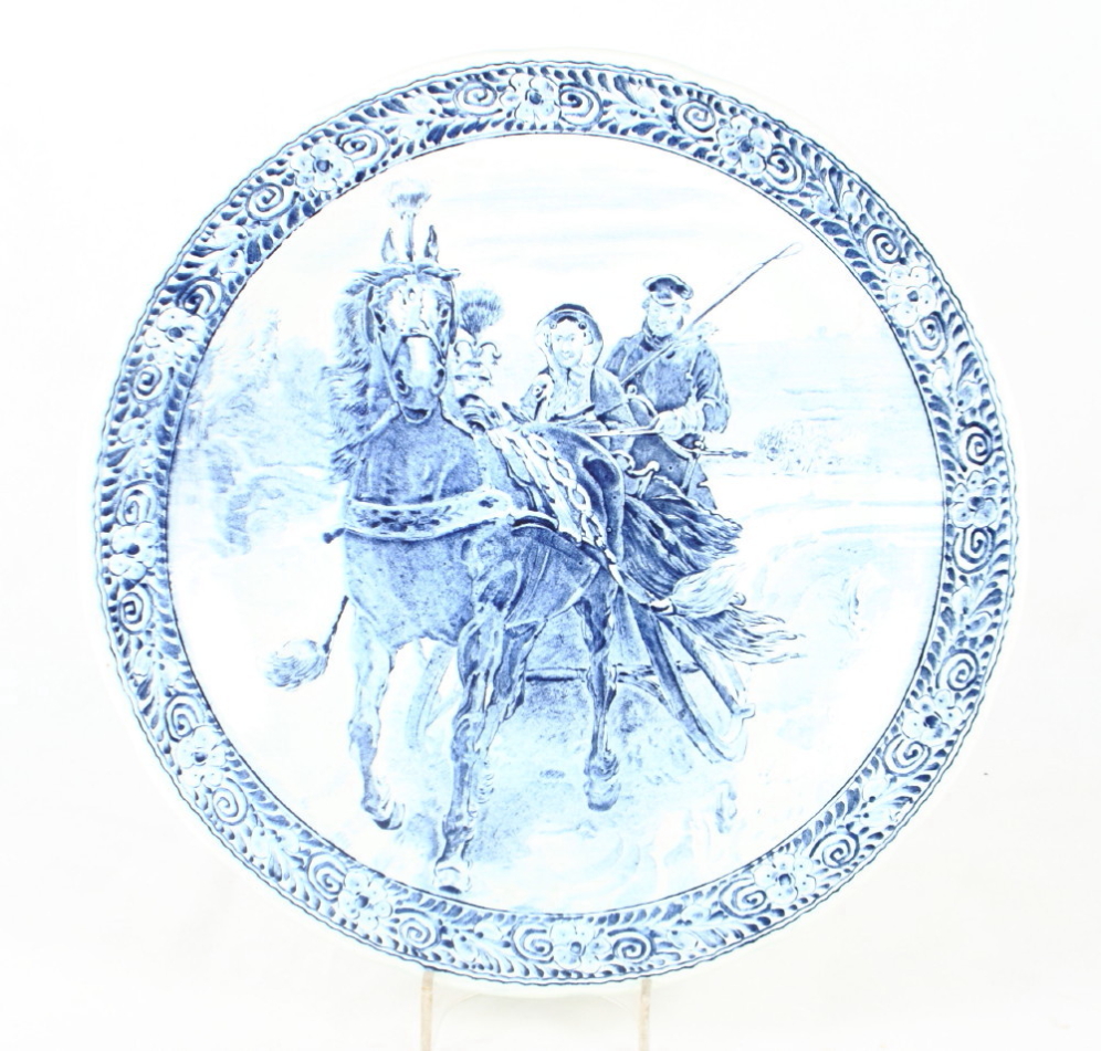 A 20th Century Delft charger with sledge in winter scene, 15" dia, and a pair of 19th Century