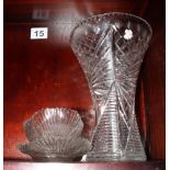 A waisted cut crystal vase, 14" high, and a Georgian oval cut glass bowl and stand