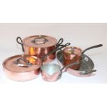 A set of five 19th Century French copper saucepans stamped "T Le Clerc"