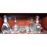 A Black Forest decanter, four other decanters and custard glasses, etc