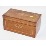 A late 19th Century rosewood marquetry inlaid two-division tea caddy with satinwood lining, 9 3/4"