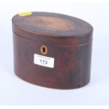 A late Georgian mahogany and box line inlaid oval tea caddy with shell paterae, 6" wide